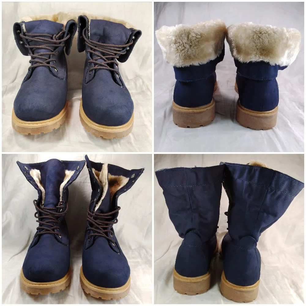 DREAM PAIRS Navy Blue BOOTS Womens Size 10 Faux Fur Lined Lace Up Fold Ankle